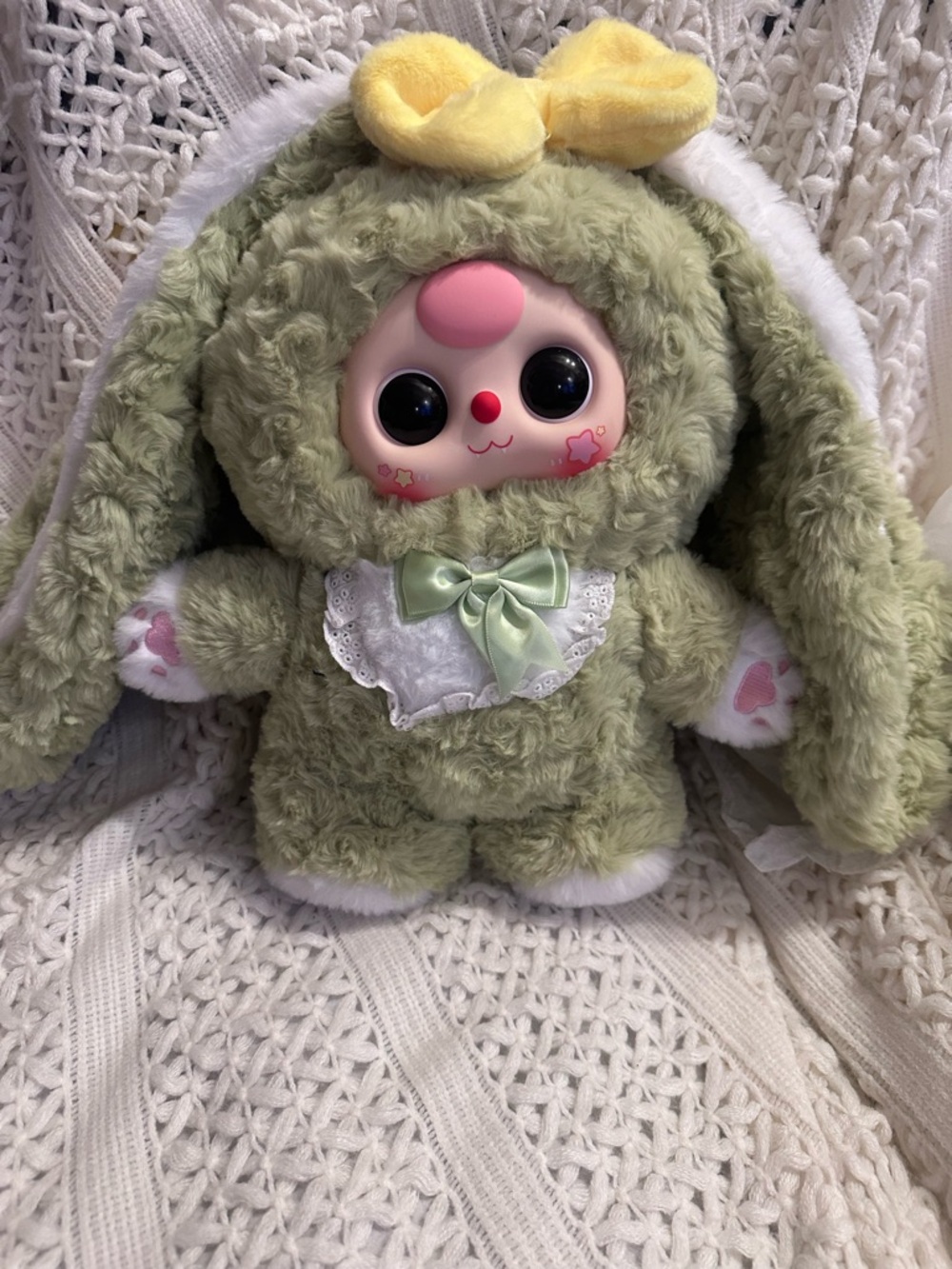 Plush Bunny Doll in Light Sage with Yellow Bow and Pink Face Accents